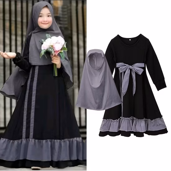 Mädchen Mode Eid Abaya Muslimische Kleidung Kinder Nette Muslimische Kleid für Kinder Mädchen Gebet Langarm Muslime Kleider