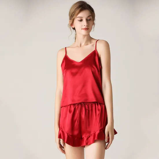 Großhandel Damen-Nachtwäsche aus Seide und Baumwolle, maßgeschneiderte Spitzen-Hosenträger, sexy Nachtwäsche-Pyjamas
